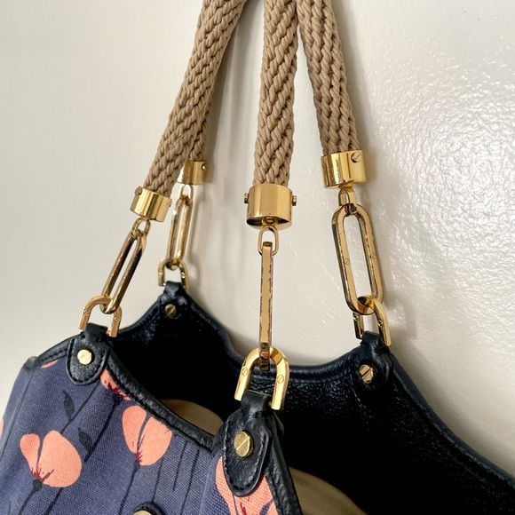 Tory Burch Floral Canvas Large Handbag Blue and Coral - Picture 8 of 11